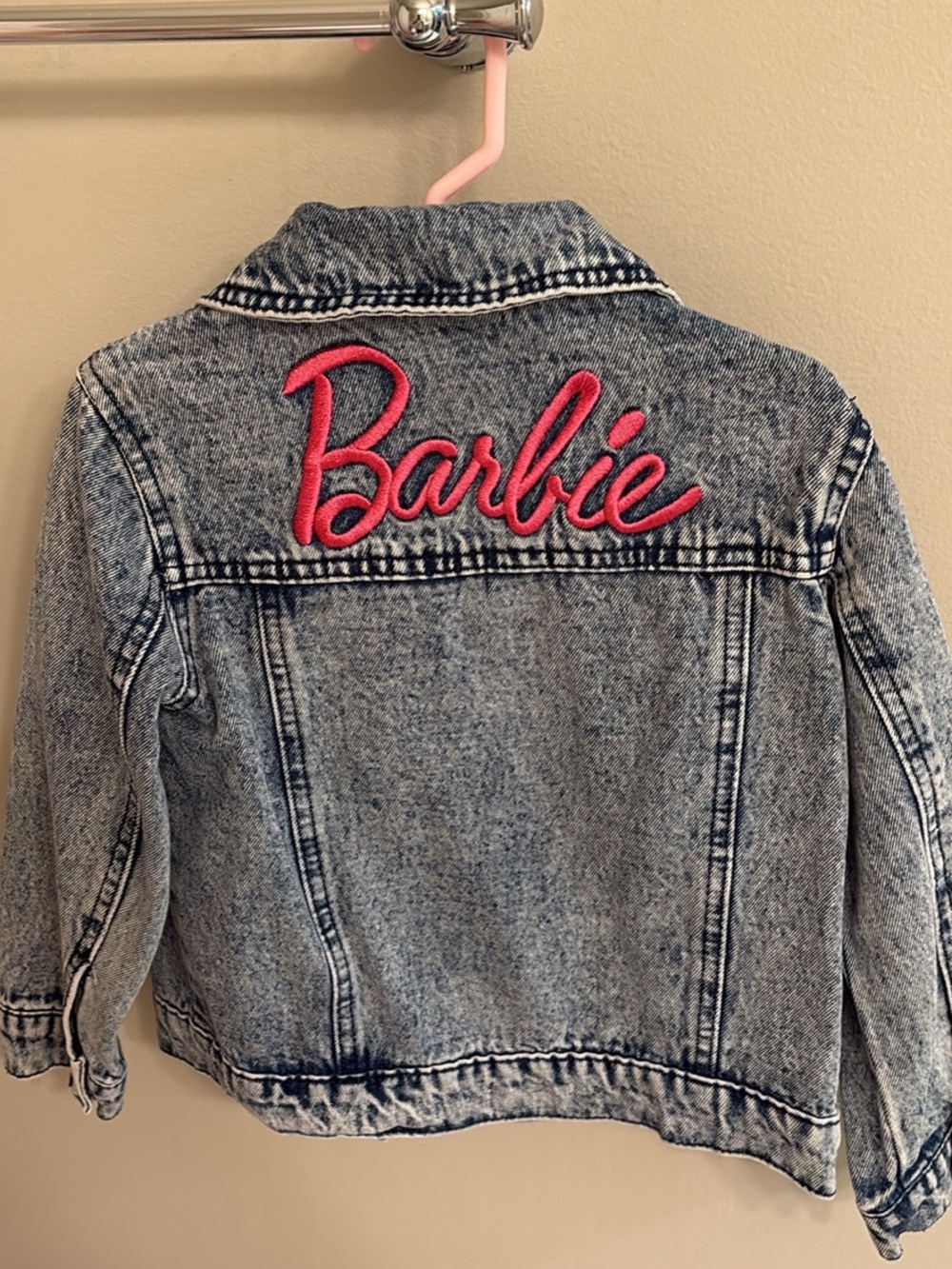 Barbie Pink Script Acid Wash Denim Jacket